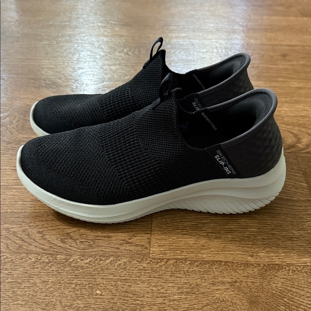 Skechers Black Knit Slip-On Sneakers with White Soles